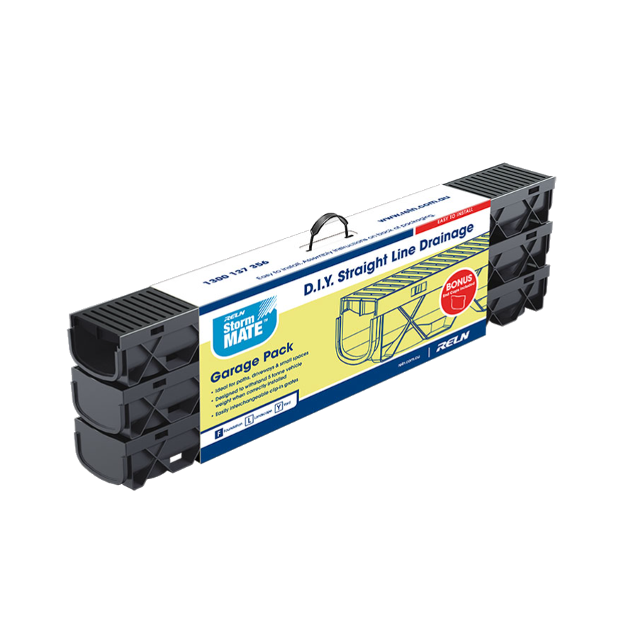 Reln Storm Mate Channel and Grate - Garage Pack includes 3 x 1m Storm Mate Channels and Heel guard Plastic Black Grates (1m (L) x 120mm (W) 85mm (D)), 2 x End Caps
