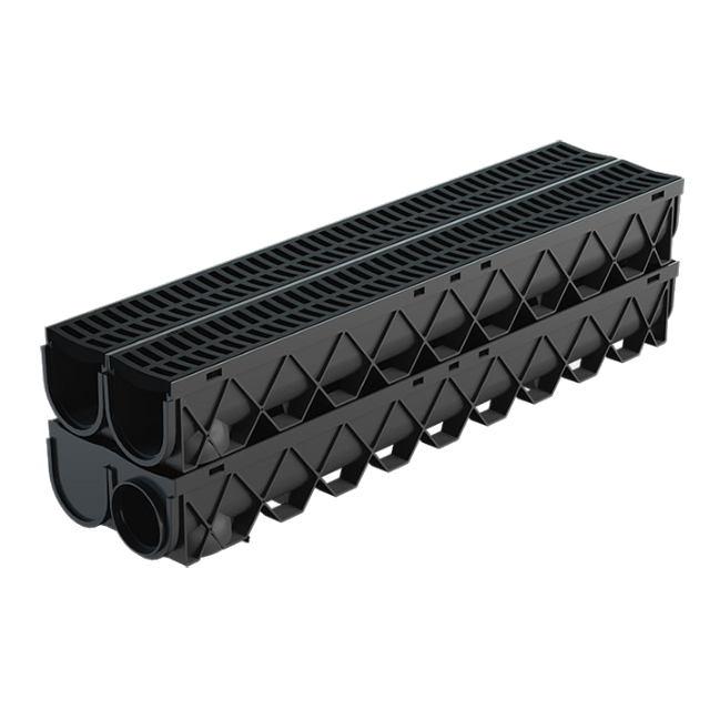 Reln Storm Drain Channel and Grate (Garage Pack c/w 4 channels and 1 End Cap and 1 End Outlet) Plastic Black 1m (L) x 120mm (W) x 129mm (D)